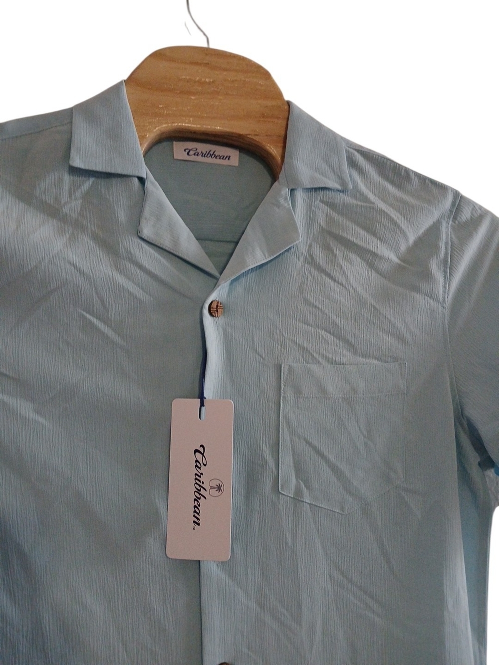 NWT Caribbean Roundtree & Yorke Powder Blue Pearl Snap Short Sleeve Shirt -M